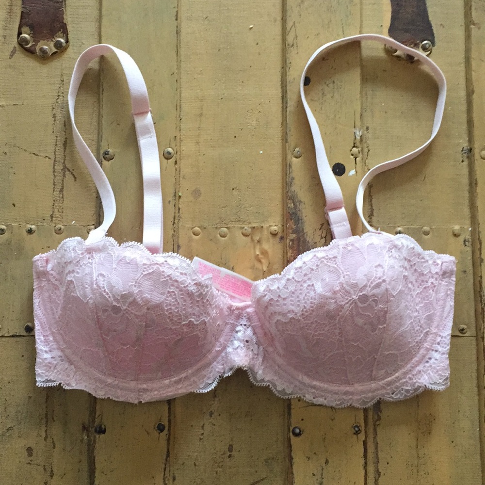 PINK VICTORIAS SECRET STRETCH LT PINK LACE LINED CONVERTIBLE STRAPLESS BRA 32C